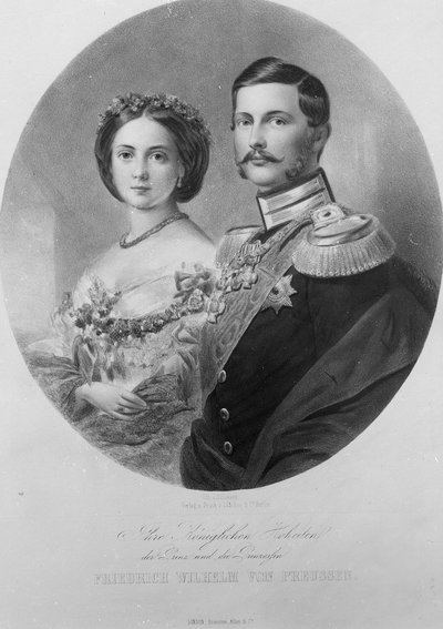 Ritratto di nozze delle loro altezze reali la principessa Vittoria (1840-1901) e il principe ereditario Federico Guglielmo di Prussia (1831-88) 25 gennaio 1858, inciso da Carl Sussnapp da German School